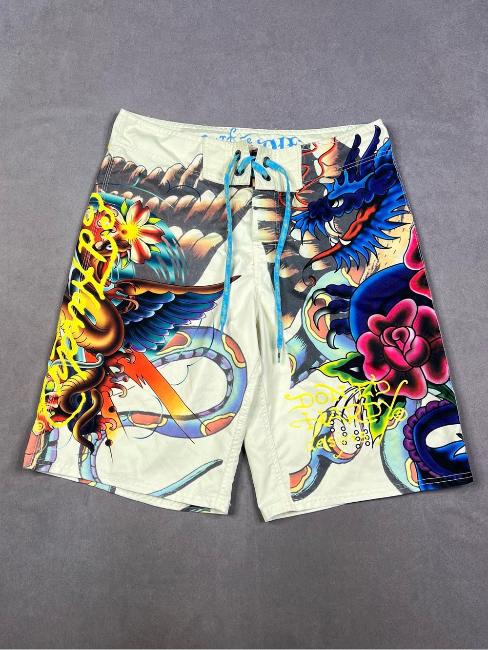 Ed Hardy White Multi-Color Tattoo Graphic Swim Board Shorts